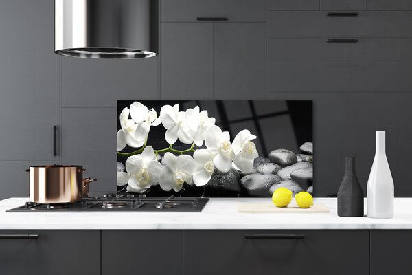 Panou sticla bucatarie Pietre florale flori alb negru
