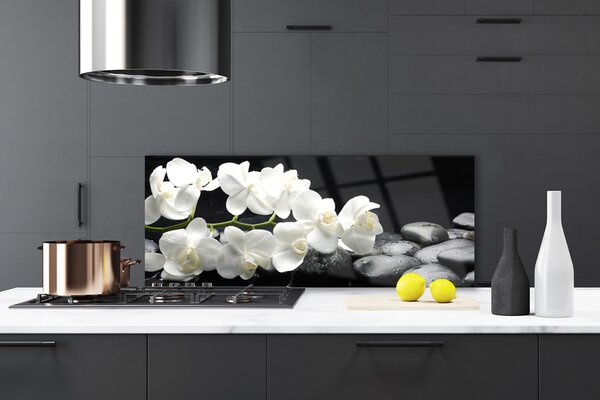Panou sticla bucatarie Pietre florale flori alb negru