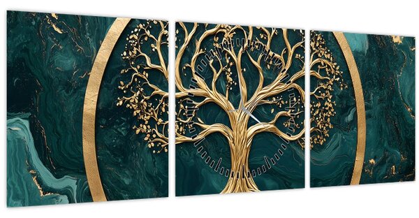 Tablou – Arborele vieții auriu în marmură (cu ceas) (90x30 cm)
