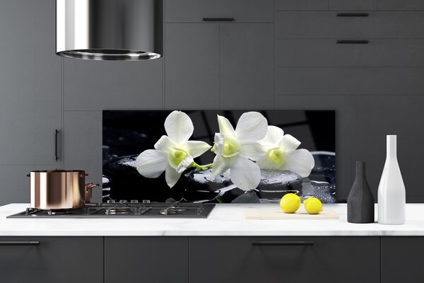 Panou sticla bucatarie Pietre florale flori alb negru