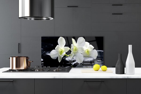 Panou sticla bucatarie Pietre florale flori alb negru