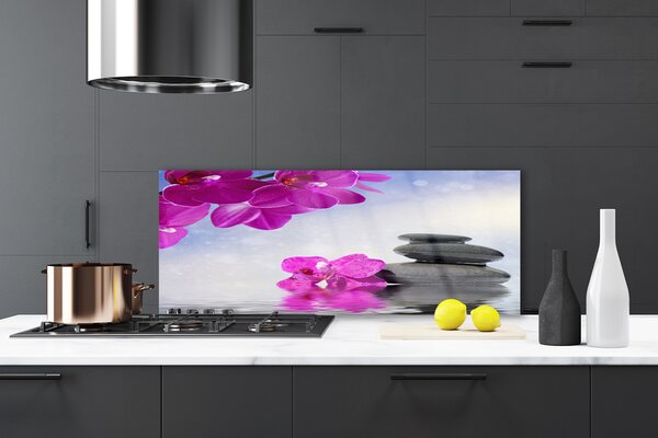 Panou sticla bucatarie Pietrele florale flori roz gri
