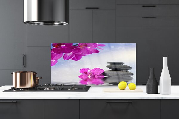 Panou sticla bucatarie Pietrele florale flori roz gri