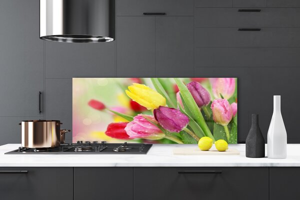 Panou sticla bucatarie Lalele Floral Verde Roșu
