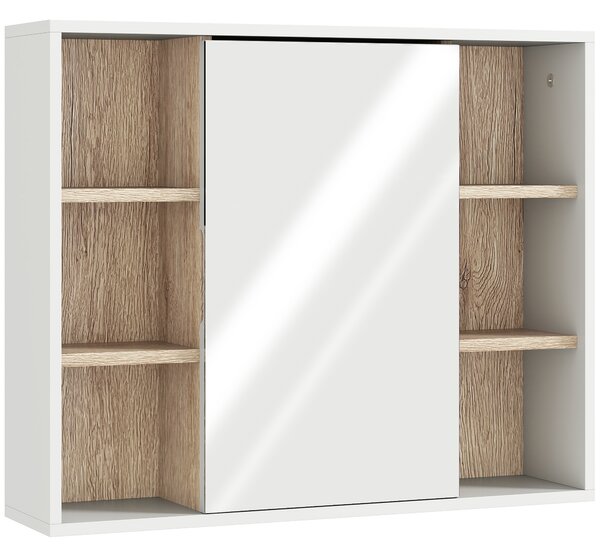 HOMCOM Dulap cu Oglinda din MDF si PAL, Dulap de Baie cu 3 Rafturi Laterale si Raft Interior Reglabil, 60x14.5x49.4 cm, Alb si Lemn Natur | Aosom RO