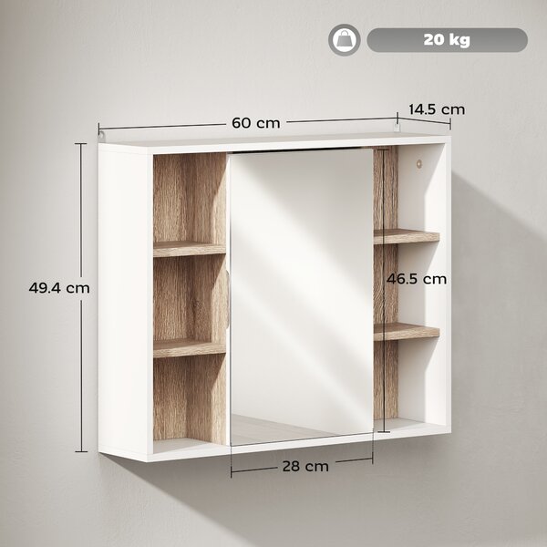 HOMCOM Dulap cu Oglinda din MDF si PAL, Dulap de Baie cu 3 Rafturi Laterale si Raft Interior Reglabil, 60x14.5x49.4 cm, Alb si Lemn Natur | Aosom RO