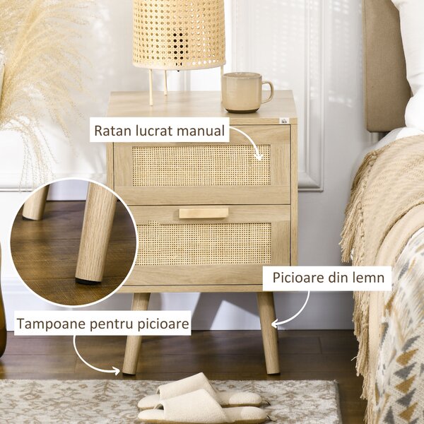 HOMCOM Set 2 Noptiere Boho Elegante, Mobilier Dormitor cu 2 Sertare, 40x40x56cm, Lemn Natural | Aosom Romania