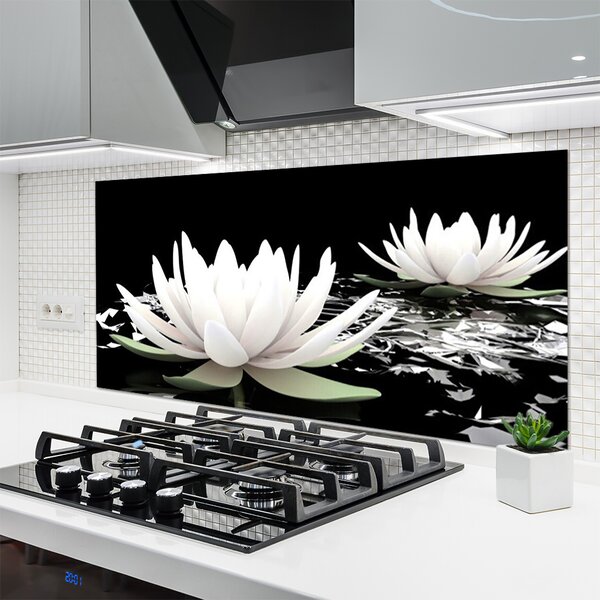 Panou sticla bucatarie Flori Floral Alb Negru