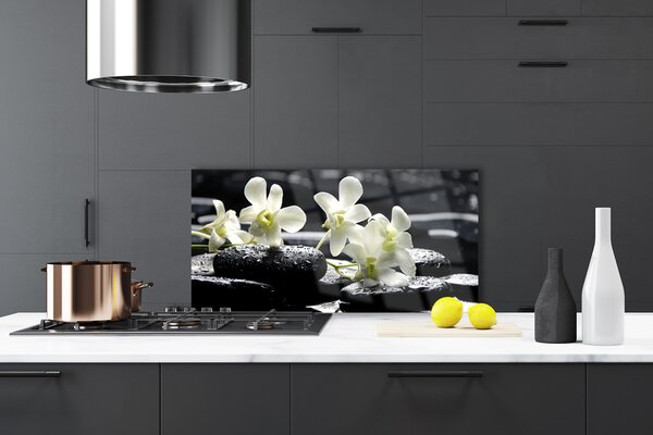 Panou sticla bucatarie Pietre florale flori alb negru