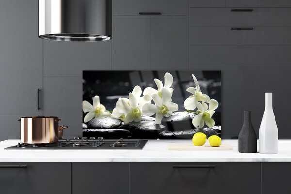 Panou sticla bucatarie Pietre florale flori alb negru