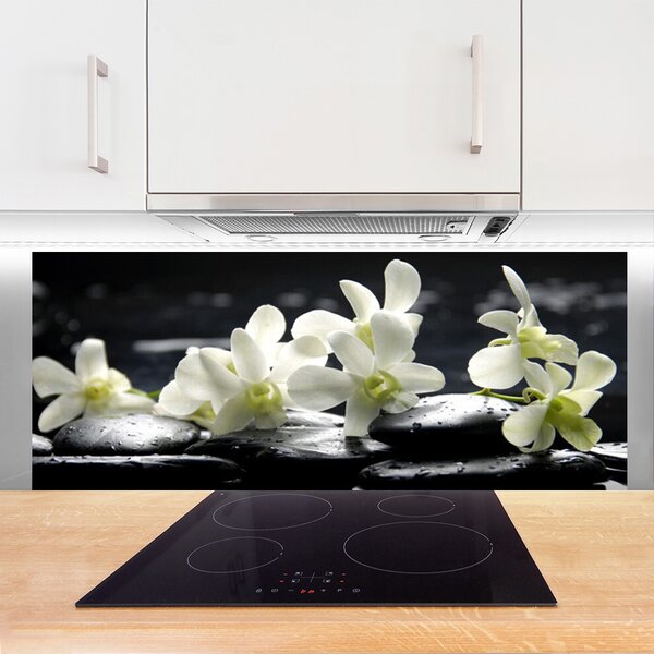 Panou sticla bucatarie Pietre florale flori alb negru