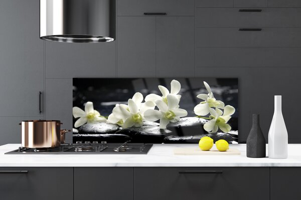 Panou sticla bucatarie Pietre florale flori alb negru