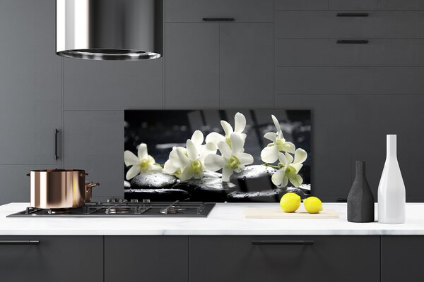 Panou sticla bucatarie Pietre florale flori alb negru