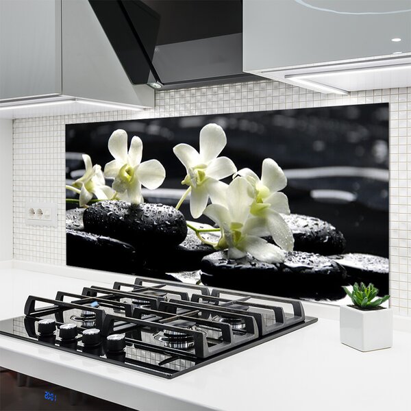 Panou sticla bucatarie Pietre florale flori alb negru
