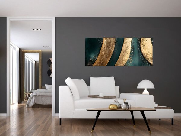 Tablou - Abstracție verde cu auriu I. (120x50 cm)