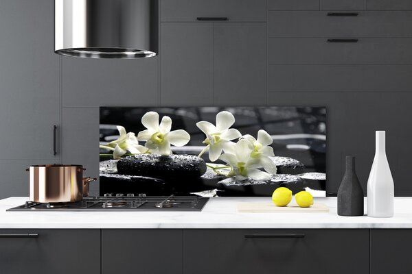 Panou sticla bucatarie Pietre florale flori alb negru