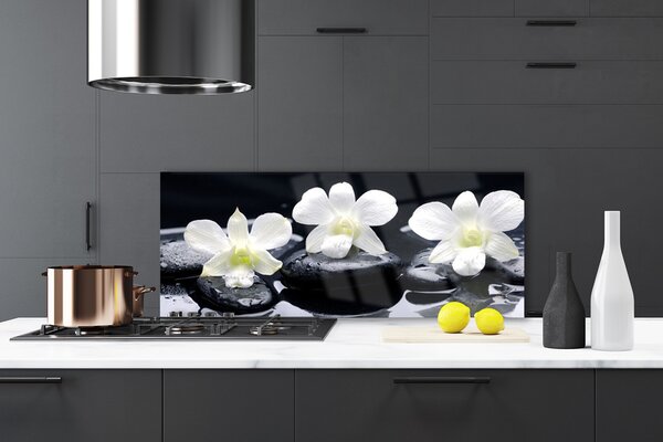 Panou sticla bucatarie Pietre florale flori alb negru