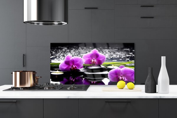 Panou sticla bucatarie Pietrele florale flori roz negru
