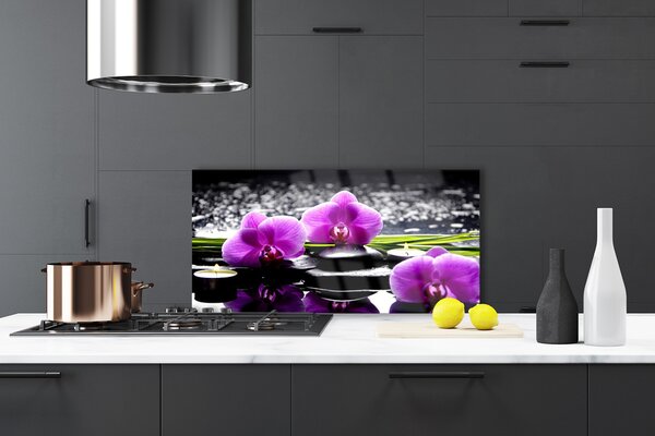 Panou sticla bucatarie Pietrele florale flori roz negru
