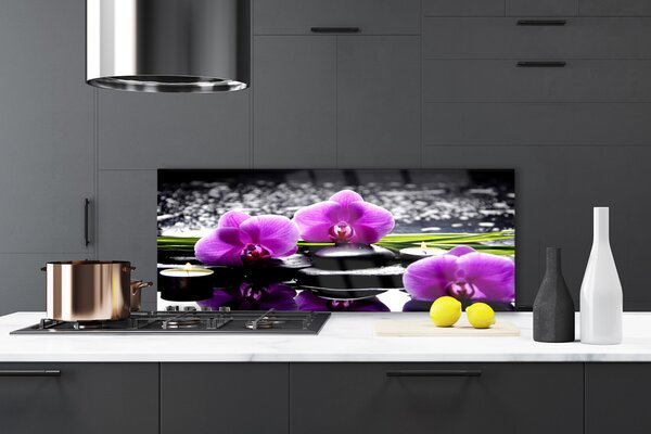 Panou sticla bucatarie Pietrele florale flori roz negru