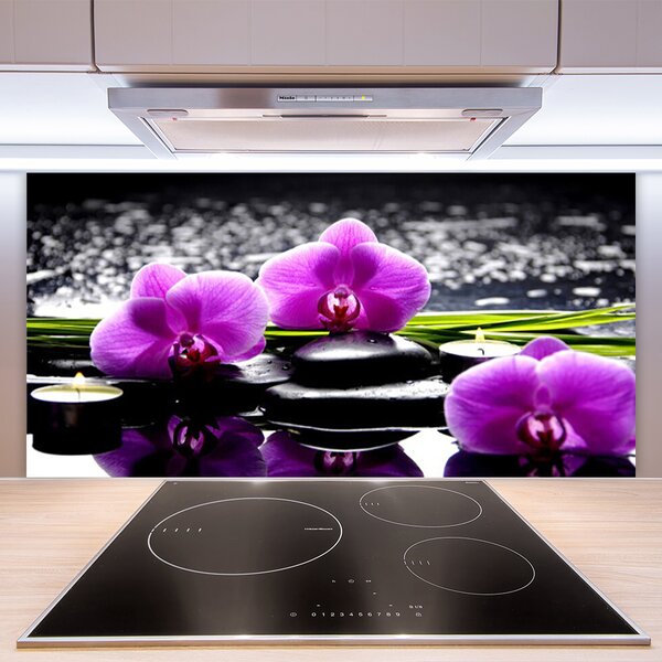 Panou sticla bucatarie Pietrele florale flori roz negru