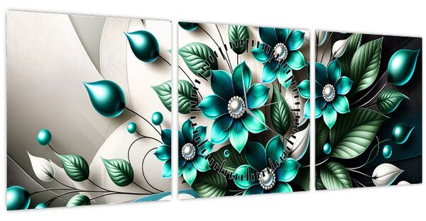 Tablou - Flori turcoaz 3D (cu ceas) (90x30 cm)