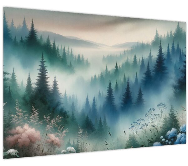 Tablou - Peisaj forestier cu ceață (90x60 cm)
