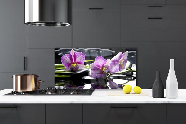 Panou sticla bucatarie Pietrele florale flori roz negru
