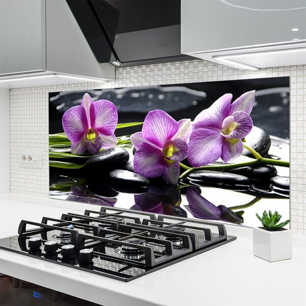 Panou sticla bucatarie Pietrele florale flori roz negru