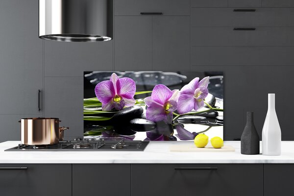 Panou sticla bucatarie Pietrele florale flori roz negru