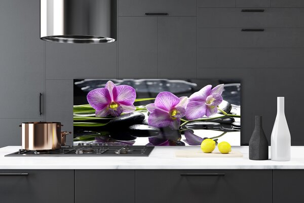 Panou sticla bucatarie Pietrele florale flori roz negru