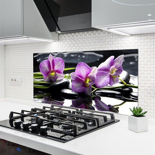 Panou sticla bucatarie Pietrele florale flori roz negru