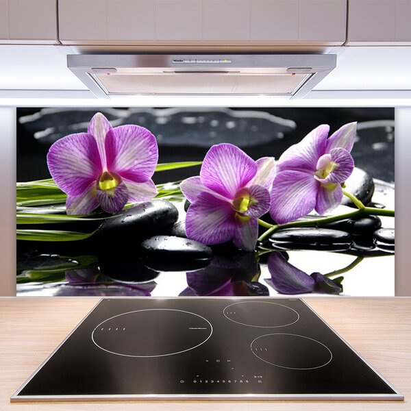 Panou sticla bucatarie Pietrele florale flori roz negru
