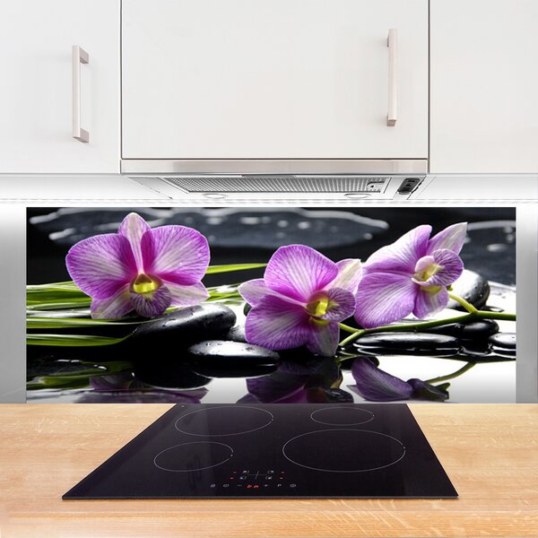 Panou sticla bucatarie Pietrele florale flori roz negru