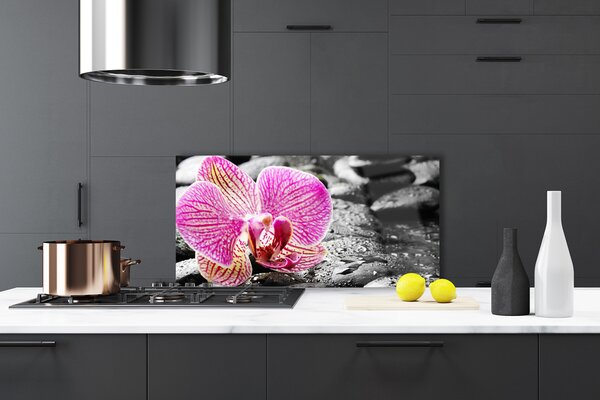 Panou sticla bucatarie Pietrele florale flori roz negru