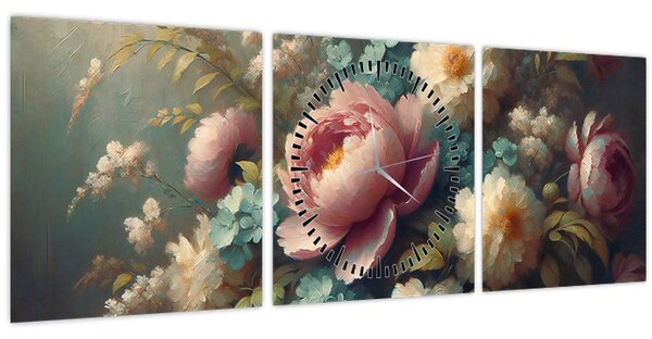Tablou - Natură moartă cu flori - pictură (cu ceas) (90x30 cm)