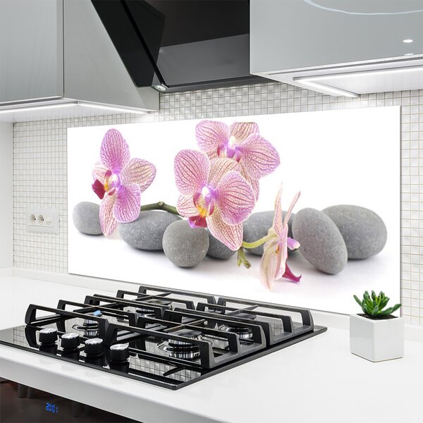 Panou sticla bucatarie Pietrele de copac Floral Roz Gri