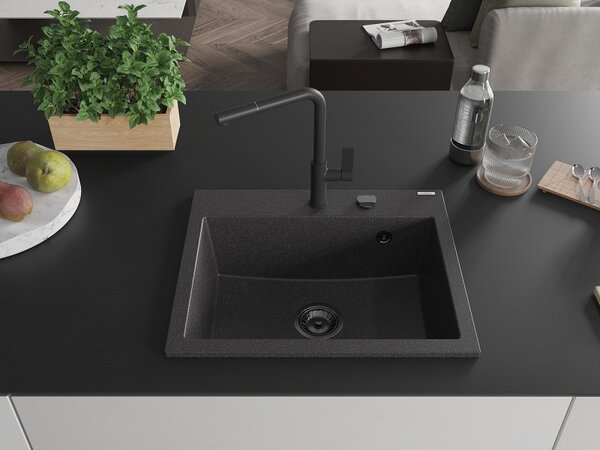 Mexen Oscar, chiuvetă din granit cu 1 cameră 580x490x205 mm, negru patat, 6519581000-76-B