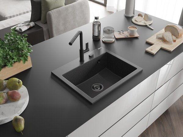 Mexen Oscar, chiuvetă din granit cu 1 cameră 580x490x205 mm, negru patat, 6519581000-76-B