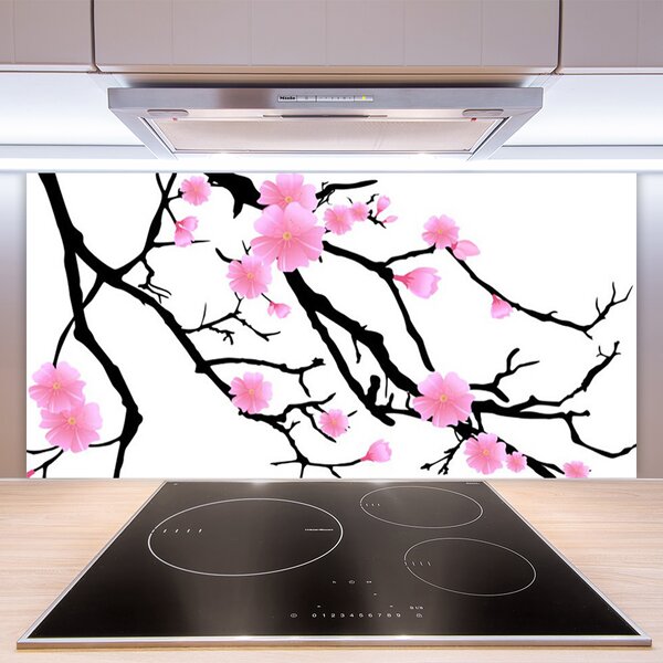 Panou sticla bucatarie Ramuri Flori Art Brown roz
