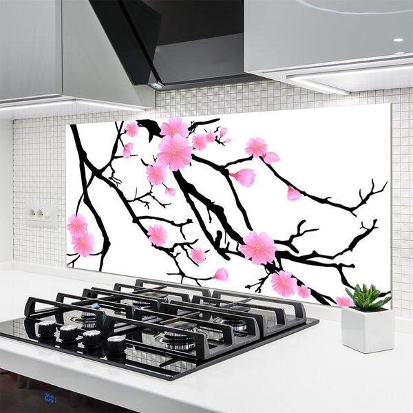 Panou sticla bucatarie Ramuri Flori Art Brown roz