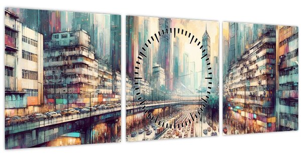 Tablou - Viața din marele oraș (cu ceas) (90x30 cm)