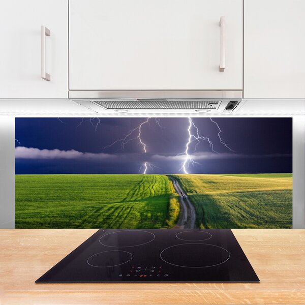 Panou sticla bucatarie Câmp Path Lightning Peisaj Gri Verde Violet Alb