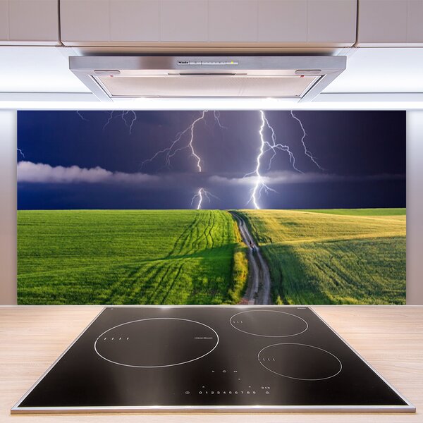 Panou sticla bucatarie Câmp Path Lightning Peisaj Gri Verde Violet Alb