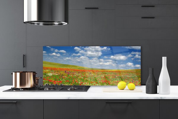 Panou sticla bucatarie Meadow Flori Peisaj Roșu Alb Verde