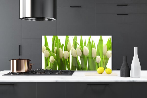 Panou sticla bucatarie Lalele Floral Alb Verde
