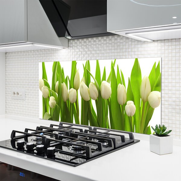 Panou sticla bucatarie Lalele Floral Alb Verde
