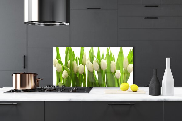 Panou sticla bucatarie Lalele Floral Alb Verde