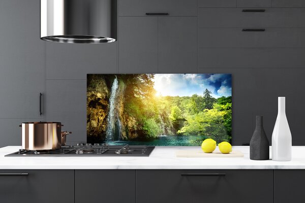 Panou sticla bucatarie Cascada Copaci Peisaj Albastru Alb Verde Maro