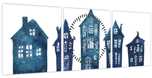 Tablou - Case de acuarelă albastru (cu ceas) (90x30 cm)